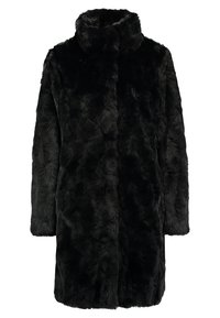 Sort faux fur frakke med høj hals, der har en blød, tekstureret overflade og en åben front. Lange ærmer, knælang skæring.
