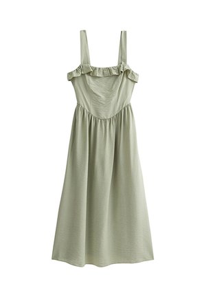 Light green dress with a fitted bodice, ruffle detailing on straps, and a flared skirt. Made from soft, lightweight fabric with a textured finish.