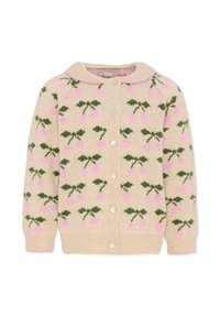 Dzianinowy sweter rozpinany w kolorze beżowym z różowymi wzorami wiśni i zielonymi liśćmi. Posiada zaokrąglony kołnierz, zapięcie na guziki oraz ściągacze na mankietach i na dole.