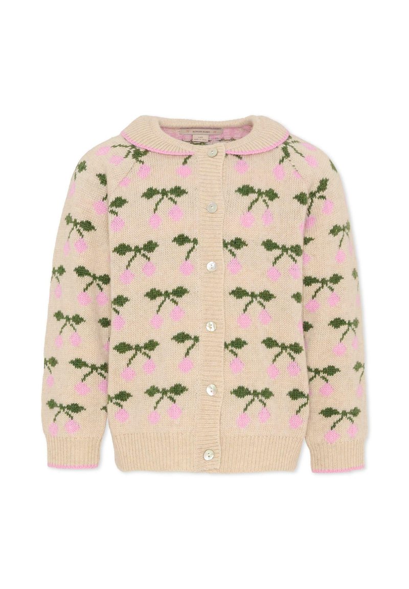 Dzianinowy sweter rozpinany w kolorze beżowym z różowymi wzorami wiśni i zielonymi liśćmi. Posiada zaokrąglony kołnierz, zapięcie na guziki oraz ściągacze na mankietach i na dole.