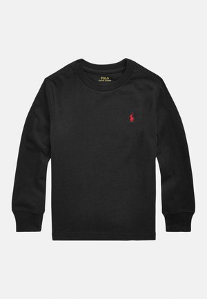 Maglietta nera a manica lunga, in cotone, con scollo rotondo, polsini a coste, con un piccolo logo ricamato di un cavallo rosso sul lato sinistro del petto.