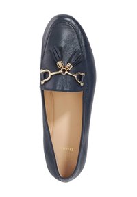 Dark navy leather loafer with tassel accents, gold metal hardware, and a smooth texture. Open design reveals a light-colored insole.