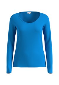 Blaues langärmliges Oberteil mit einem runden Halsausschnitt. Aus glattem Stoff gefertigt; taillierte Form, minimale Details und einheitliche Farbe.