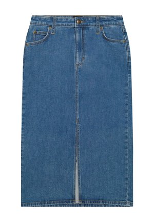 Blauwe denim rok tot op de knieën met een voorste split, riemlussen, knoopsluiting en voorzakken.