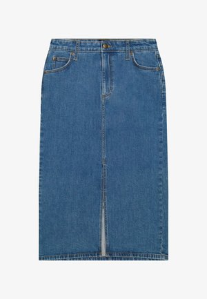 Sinine põlveni ulatuv teksaseelik esilõhikuga, vööaasadega, nööpidega kinnituv ja esitaskutega.