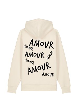 Haut à capuche de couleur crème avec le mot "AMOUR" en noir imprimé en différentes tailles sur le dos. Confectionné dans un mélange de tissus doux.
