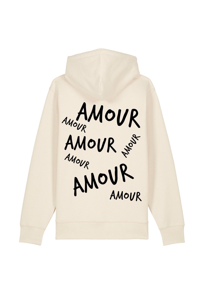 Felpa color crema con il testo in bold nero "AMOUR" stampato in dimensioni variabili sparse sulla schiena. Realizzata in un morbido misto di tessuti.