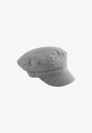 Graue Wollmütze mit runder Oberseite und starrem Schild. Verfügt über zwei horizontale Linien und Knöpfe an der Seite. Weiche Textur, strukturiertes Design.