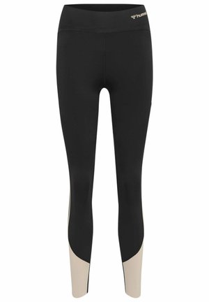 Zwarte leggings met een hoge tailleband, met beige accenten aan de zijkanten. Gemaakt van rekbaar materiaal voor comfort en bewegingsvrijheid.