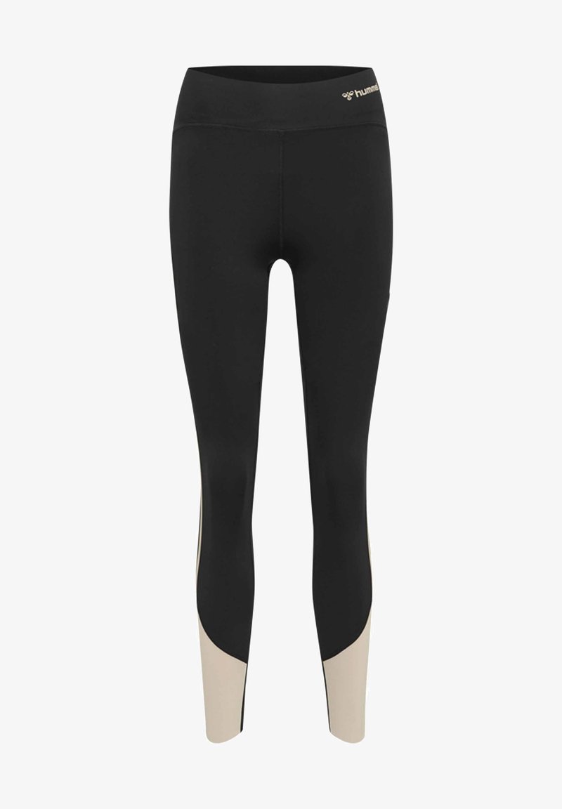 Svarta leggings med hög midja, med beige detaljer på sidorna. Tillverkade av dehningsbart material för komfort och rörelse.