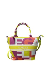 Borsetta compatta con un motivo geometrico colorato in rosa, giallo e bianco. Presenta manici doppi e una tracolla removibile.