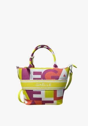 Borsetta compatta con un motivo geometrico colorato in rosa, giallo e bianco. Presenta manici doppi e una tracolla removibile.