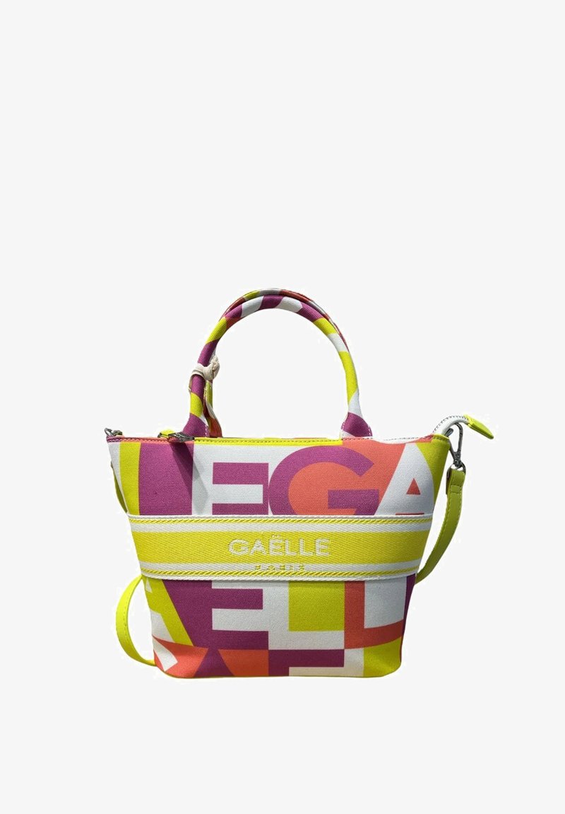 Borsetta compatta con un motivo geometrico colorato in rosa, giallo e bianco. Presenta manici doppi e una tracolla removibile.