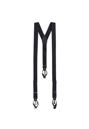 Tirantes negros con forma de Y en la espalda con pequeños puntos blancos, parches de cuero y clips metálicos con lazos de cuero negro.