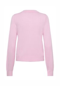 Lichtroze langwerpige cardigan met een kraag, gemaakt van zacht breimateriaal, met ribbels aan de mouwen en onderkant, eenvoudig ontwerp zonder versieringen.
