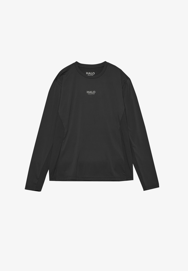 Schwarzes, langärmeliges Sporthemd mit Rundhalsausschnitt und dezentem "HALO"-Branding auf der Brust, flach auf einem schlichten Hintergrund präsentiert.
