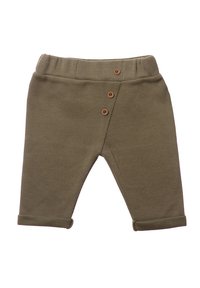 Olivegrüne Babyhosen aus geripptem Stoff, mit einem dehnbaren Bund und drei Holzknöpfen vorne sowie umgeschlagenen Säumen.