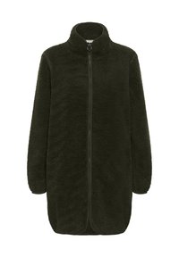 Zielona oliwkowa kurtka polarowa z wysokim kołnierzem, pełnym zamkiem z przodu i długimi rękawami. Teksturowany, miękki materiał o luźnym kroju i zaokrąglonym dole.