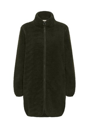 Olívazöld polárdzseki magas gallérral, teljes hosszúságú elülső cipzárral és hosszú ujjakkal. Texturált, puha anyag laza szabással és ívelt szegéllyel.