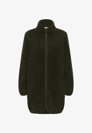 Olívazöld polárdzseki magas gallérral, teljes hosszúságú elülső cipzárral és hosszú ujjakkal. Texturált, puha anyag laza szabással és ívelt szegéllyel.