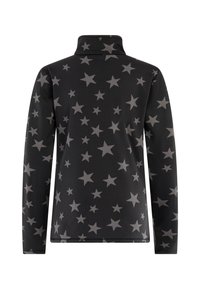 Pull en tissu doux, avec une base noire et de grands motifs d'étoiles grises, col montant et manches longues. Convient pour un usage décontracté.
