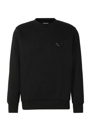 Crna majica s dugačkim rukavima i okruglim izrezom, s rebrastim manšetama i rubom, na lijevoj strani prsa s malim crnim logom u obliku dijamanta.