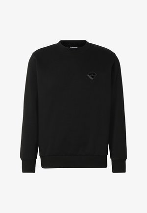 Crna majica s dugačkim rukavima i okruglim izrezom, s rebrastim manšetama i rubom, na lijevoj strani prsa s malim crnim logom u obliku dijamanta.