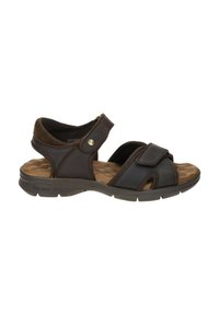 Sandal de cuero marrón con correas ajustables, plantilla acolchada y suela de goma texturizada. Diseño de punta abierta con cobertura mínima.