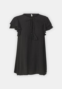 Schwarze kurzärmelige Bluse mit Rüschenärmeln, einem gebundenen Ausschnitt mit Quasten und einem lockeren, fließenden Schnitt.