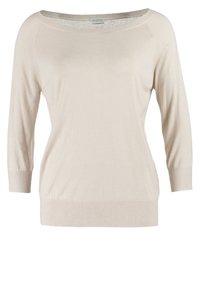 Béžový pletený svetr s tříčtvrtinovými rukávy, lodičkovým výstřihem, žebrovaným lemem a hladkým povrchem. Jednoduchý design, vhodný na vrstvení.