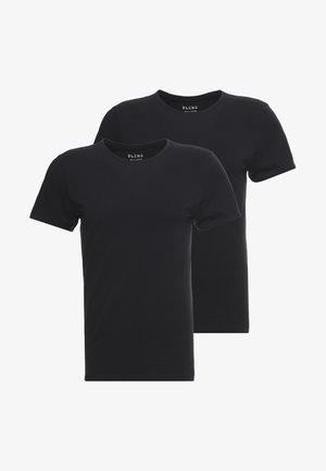 Two black cotton t-shirts with short sleeves and a round neckline. The fabric appears smooth without patterns or visible branding.