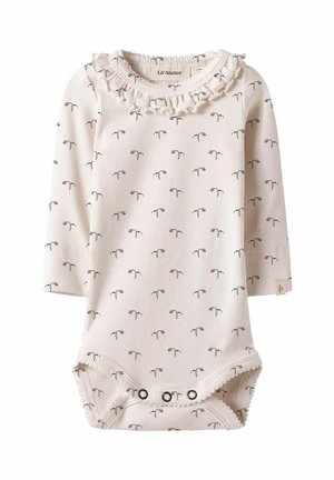 Body per neonati a maniche lunghe in morbido tessuto a coste crema, con scollo arricciato e stampa floreale con accenti viola e verdi.