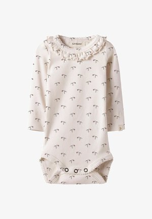 Body per neonati a maniche lunghe in morbido tessuto a coste crema, con scollo arricciato e stampa floreale con accenti viola e verdi.