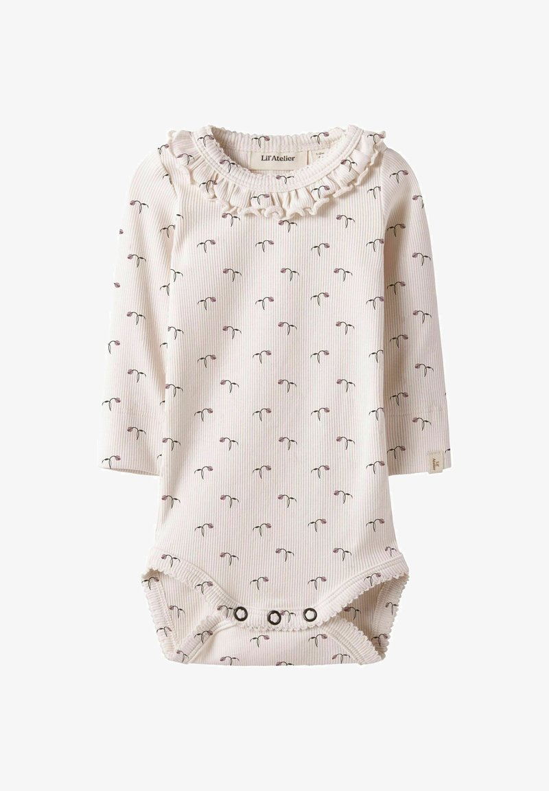 Body bébé à manches longues en doux tissu côtelé crème, avec un col à volants et un imprimé floral avec des accents violets et verts.