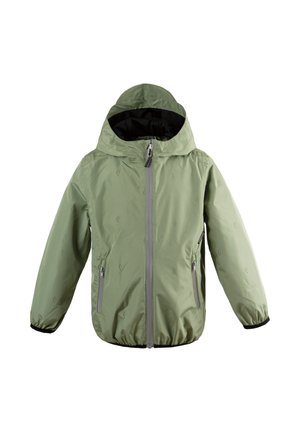 Veste à capuche vert clair avec fermeture éclair à l'avant, deux poches zippées et poignets élastiques, conçue pour les enfants.