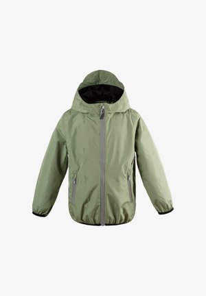 Hellgrüne Kapuzenjacke mit Frontreißverschluss, zwei Reißverschlusstaschen und elastischen Bündchen, speziell für Kinder entworfen.