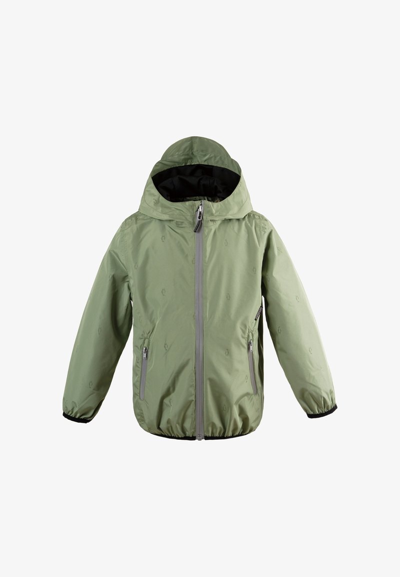 Hellgrüne Kapuzenjacke mit Frontreißverschluss, zwei Reißverschlusstaschen und elastischen Bündchen, speziell für Kinder entworfen.