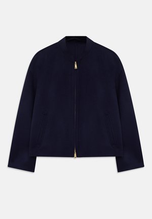 Navy blue bomber jacket with a round collar, full zip closure, two side pockets, and gold hardware accents. Smooth, lightweight fabric.
