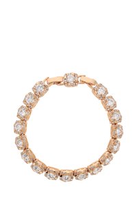 Bransoletka w kolorze różowego złota z okrągłymi kamieniami cubic zirconia, osadzonymi w kwadratowych oprawach zaczepowych, połączonymi gładkimi metalowymi elementami.