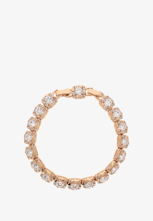 Rózsaarany karkötő kör alakú kubikus cirkónia kövekkel, négyzet alakú felfogó pántokba foglalva, sima fém szegmensekkel összekapcsolva.