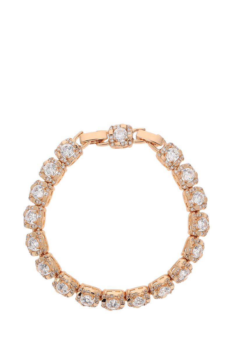 Bransoletka w kolorze różowego złota z okrągłymi kamieniami cubic zirconia, osadzonymi w kwadratowych oprawach zaczepowych, połączonymi gładkimi metalowymi elementami.