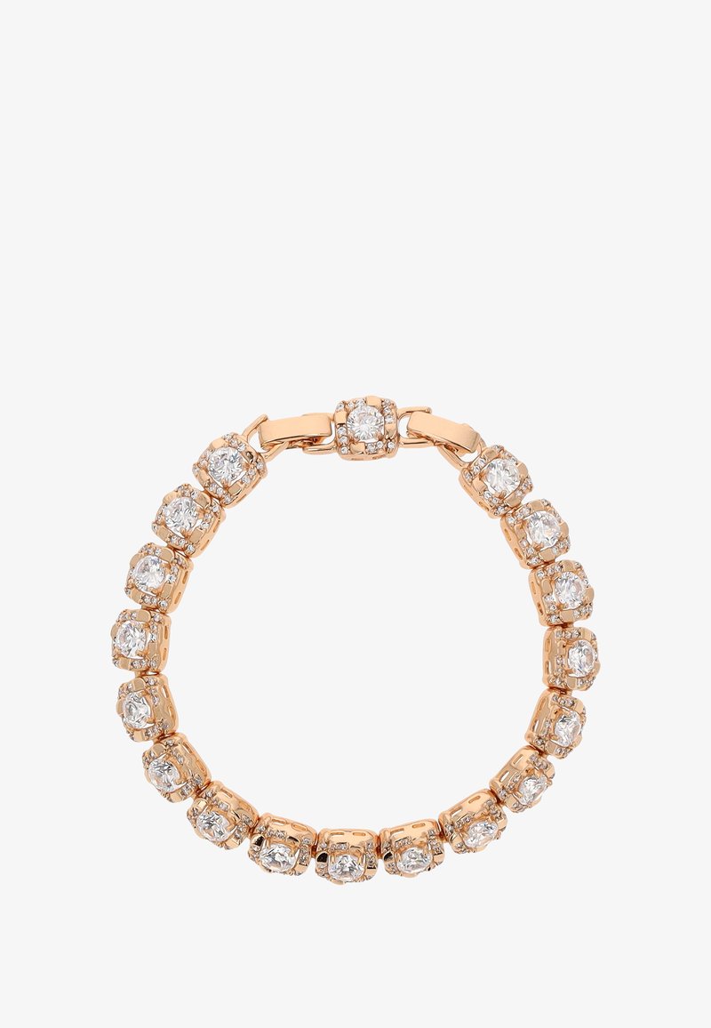 Bransoletka w kolorze różowego złota z okrągłymi kamieniami cubic zirconia, osadzonymi w kwadratowych oprawach zaczepowych, połączonymi gładkimi metalowymi elementami.
