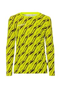 T-shirt de sport à manches longues en jaune fluo avec un motif en zigzag brun foncé, fabriqué à partir d'un tissu extensible pour plus de confort et de mobilité.