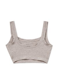 Světle šedá zkrácená podprsenka s širokými ramínky, bezešvým designem a hladkým, elastickým materiálem, s zaobleným výstřihem a žebrováním na okrajích.