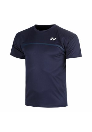 Donkerblauw sport T-shirt met korte mouwen, een ronde hals en een klein wit logo op de linkerborst.