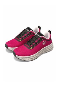 Rosa Sportlich-Schuhe aus Filz mit schwarzen Schnürsenkeln, gepolstertem Kragen und mehreren Farbakzenten. Dicke, strukturierte weiße Sohle mit geometrischem Muster.