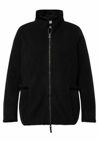 Černá fleecová bunda s vysokým límcem, zipovým zapínáním a bočními kapsami. Měkká struktura s kontrastním kožíškem podél límce a kapes.