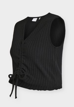 Black sleeveless ribbed top with V-neck and adjustable ruched drawstring at the front hem, made from lightweight fabric.