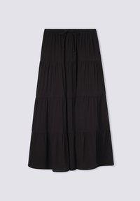 Czarna, warstwowa spódnica maxi wykonana z miękkiego materiału, z elastycznym pasem ze sznurkiem do regulacji i delikatnymi falbanami.