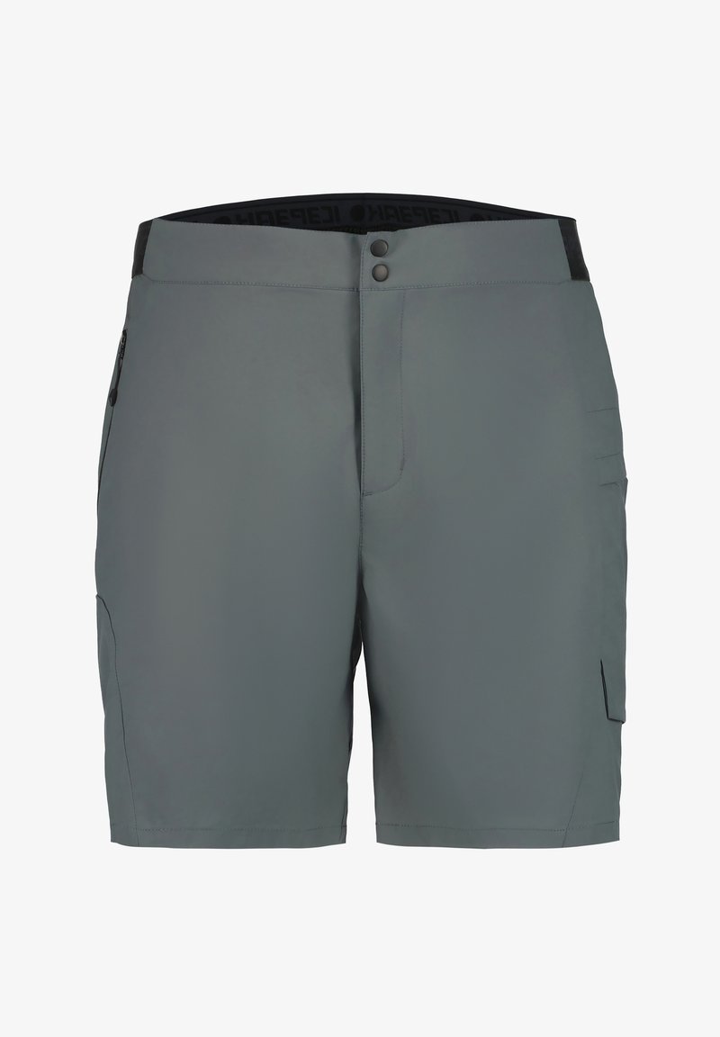 Grå shorts i lättviktigt material med platt midja, knäppning, och sidofickor. Slät textur med rena linjer och sömmar.